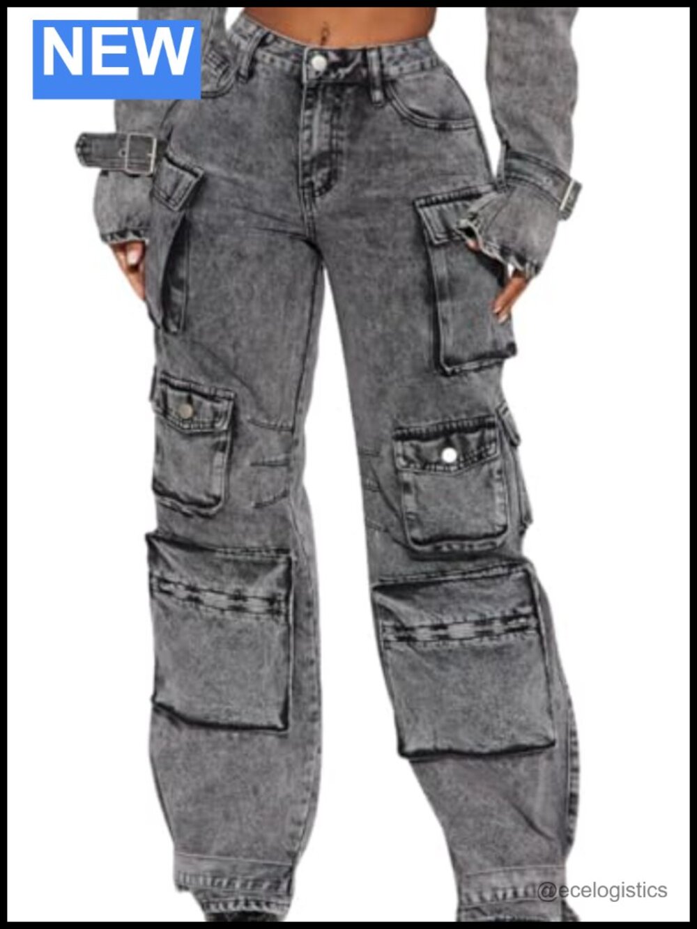 Women Baggy Cargo Jeans Y2k High Waisted Wide Leg Denim Pants - Picture 4 of 6